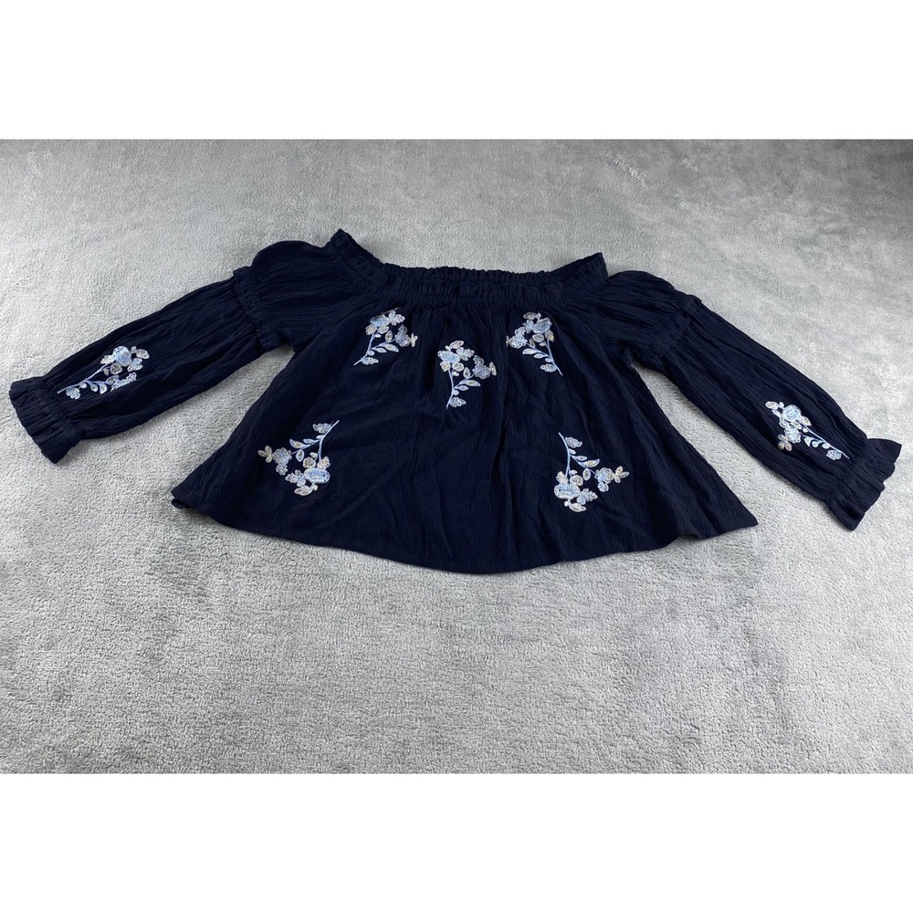 SHYANNE Black Off The Shoulder Embroidered Floral Crinkle Blouse Top Size M - Picture 1 of 11